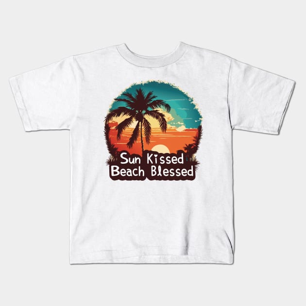 Summer Tropical Vibes: Sun, Beach, Palm Trees Kids T-Shirt by linann945